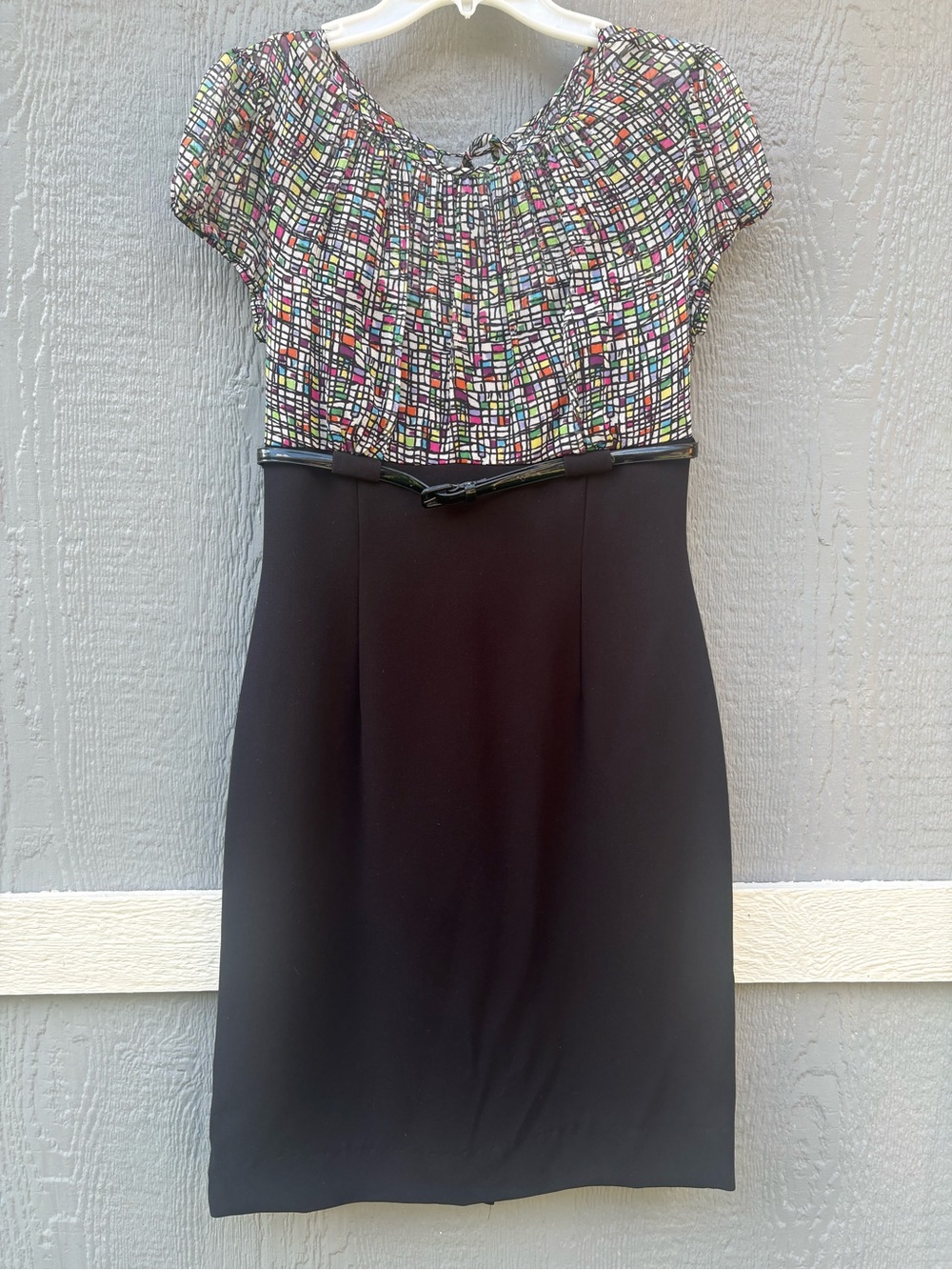 Tahari Black Midi Sheath Dress with Multicolor Printed Sheer Bodice Size 6